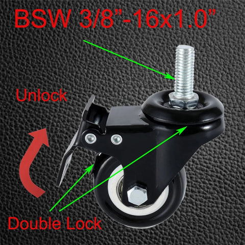 Close-up of a swivel stem caster with 3/8-16 thread and nut, 1.5-inch non-marking polyurethane wheel, dual lock.