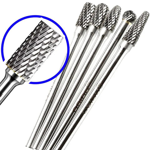 5pc Extra Long Shank Carbide Rotary Burr Set Double Cut One Quarter Inch Shank Die Grinder Bits For Metal Wood Plastic Grinding