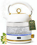 High Temperature Control Electric Kettle With 1500W Rapid Boil And Keep Warm Function Glass Body BPA Free Design White And Gold Finish Auto Shut Off Sleek Modern Design For Tea Lovers And Daily Hydration on a white background