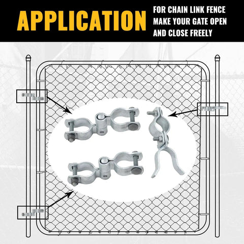 Diagram showing application of One And Three Eighths Inch Chain Link Gate Hinges Kit With Beefy Male And Female Hinges Galvanized Steel Fork Latch.