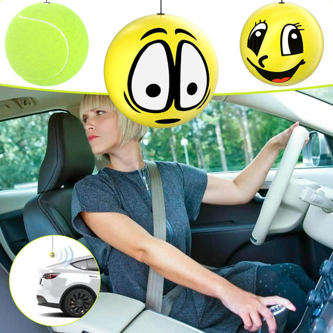 Garage Tennis Ball Parking Aid System With Four Balls Four Cord Locks And Four Screw Hooks Complete Two Sets Parking Solution Adjustable Ceiling Cord Length Easy Install For Precise Car Parking In Home Garage, ceiling-hung tennis ball car parking guide in use