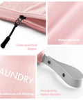 Close-up of Two Pack Travel Laundry Bags Wet Dry Organizer with color-matched zipper, nylon material, handle, and ink printing.
