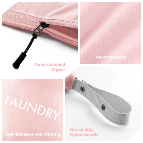 Close-up of Two Pack Travel Laundry Bags Wet Dry Organizer with color-matched zipper, nylon material, handle, and ink printing.