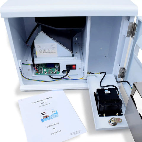 Interior view of Dollar Bill Changer Machine For Vending Arcades Slots And Laundry, showcasing component layout and manual.