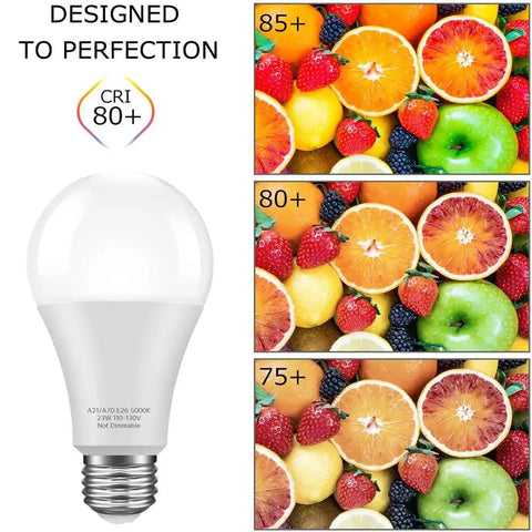 Massive Energy Savings 23W A21 LED Bulbs Replacing 150 to 200W Incandescent, 2500 Lumens, 5000K brightness comparison