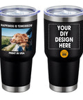 Top Shelf Personalized Stainless Steel Tumbler 30 Oz Double Wall Insulated Travel Coffee Cup With Secure Lid And Reusable Straw Custom Text Or Logo Printing Made In Usa showing black tumbler with custom designs.