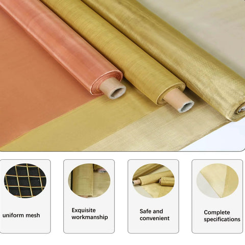 Copper Mesh Screen 100 Mesh 1x1m For EMF Shielding And Impurity Filtration rolls on display, showcasing uniform mesh and workmanship details.