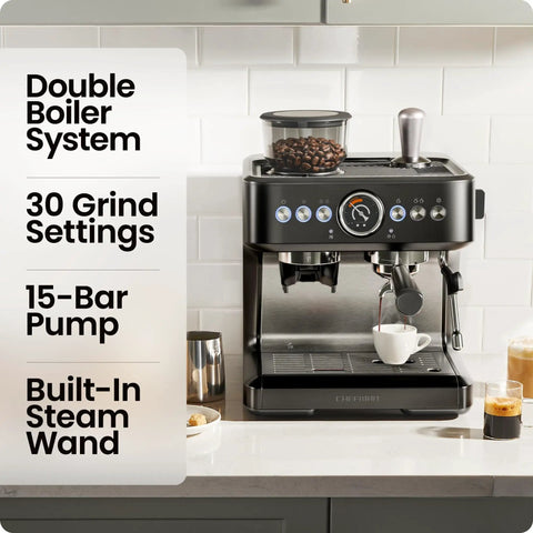 Deluxe Espresso Machine With Double Boiler, Milk Frother And Steam Wand, Semi Automatic, Built In Grinder And 30 Grind Settings