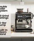Next Level Semiautomatic Espresso Machine With Dual Boiler Built In Grinder And Precision Steam Wand For Killer Daily Grind Smooth Home Vibe Simultaneous Milk Frothing And Fast Shot Extraction on kitchen counter with coffee cup.