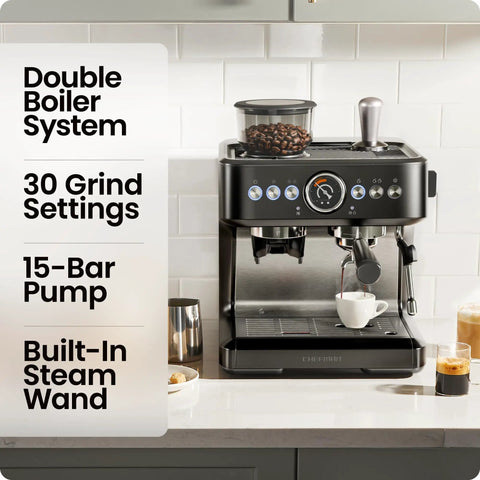 Next Level Semiautomatic Espresso Machine With Dual Boiler Built In Grinder And Precision Steam Wand For Killer Daily Grind Smooth Home Vibe Simultaneous Milk Frothing And Fast Shot Extraction on kitchen counter with coffee cup.