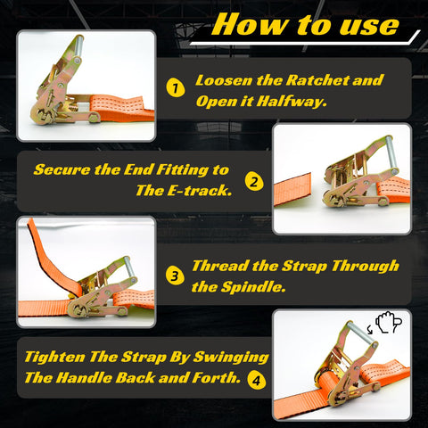 Instructional guide for using Beefy 2 Inch Ratchet Straps 15 Foot, 6 Pack, 4500 Lbs Break Strength, with J Hooks, steps outlined.