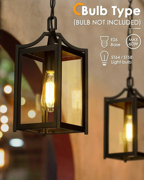 Large 14 Inch Outdoor Pendant Light With Adjustable Chain In Black Exterior Finish And Clear Glass, hanging lantern glowing
