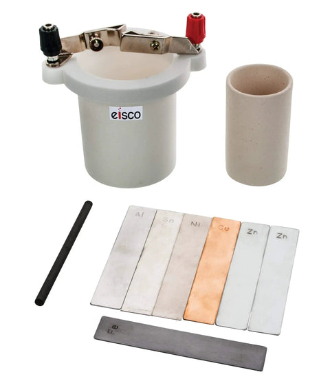 Student Voltaic Cell Kit With Porous Cup, Hands-On Electrochemistry Lab set, metal strips, and porous cup displayed