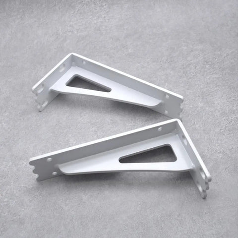 Top Notch 2 Pack Wall Mounted Shelf Brackets Heavy Duty Metal Triangle Supports Built Tough For Wood Boards Quick Install Includes Full Hardware White Finish, showing white iron brackets.