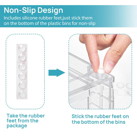 Clear Acrylic Stackable Storage Drawers 4 Pack Sleek Kitchen Cabinet Organizers featuring non-slip rubber feet application.