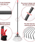 Adjustable Metal Leaf Rake With 18 Tines And 9 To 18 Inch Expandable Head 76 Inch Long Handle product features and design close-up view