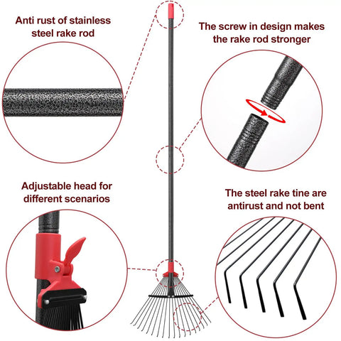Adjustable Metal Leaf Rake With 18 Tines And 9 To 18 Inch Expandable Head 76 Inch Long Handle product features and design close-up view