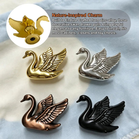 Stunning 4 Pack Swan Cabinet Knobs Featuring An Airy Flying Bird Silhouette And Exquisitely Textured Feather Detail Brings Serious French Romantic Charm To Kitchens And Closets This Set Is Literally A Game Changer Super Simple Install Zero Hassle - Displaying gold, bronze, silver, and black swan designs.