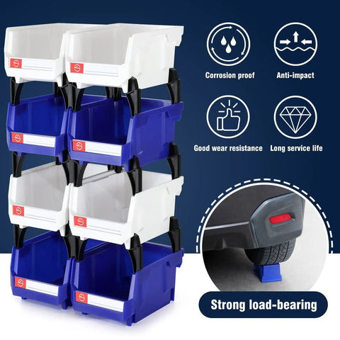 Blue Storage Organizer Bins 6 Pack For Workshop And Office Wall Mount And Stackable Tool Bins For Screws Small Parts And Office Supplies Durable Plastic Bins For Pegboard And Tabletop Organization stacked and labeled on display with features highlighted.