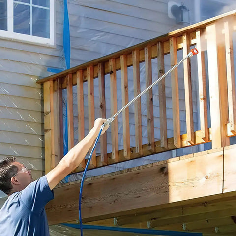 Person using Beefed Up 29.5 Inch Airless Paint Sprayer Extension Pole With 7/8 Inch Thread Aluminum Alloy for painting deck