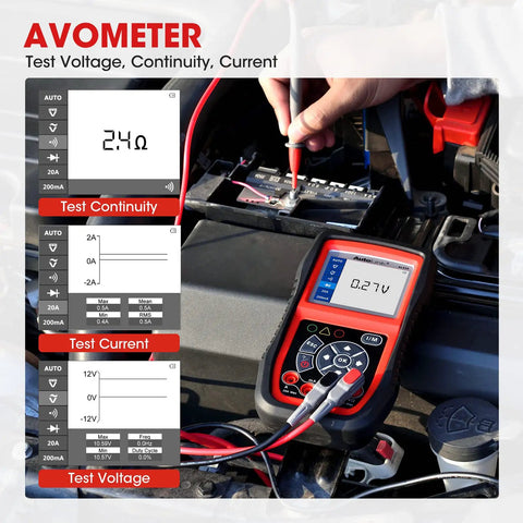 All-In-One OBD2 Scanner With Battery Tester Avometer Full OBDII Diagnosis And Starting And Charging System Tests For 12 Volt Batteries in use, showing voltage reading on screen