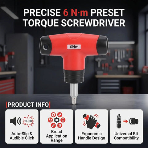 Cryfokt T Handle Preset Torque Wrench With 6Nm Ratchet Driver And Ph3 T20 H4 Sl7 Bits, ergonomic red design, ideal for DIY projects.