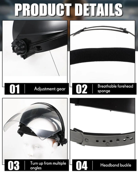 Four Pack Clear Face Shield With Shatterproof Lens For Grinding Cutting Sanding And Metal Jobs showing adjustment gear and breathable forehead sponge.