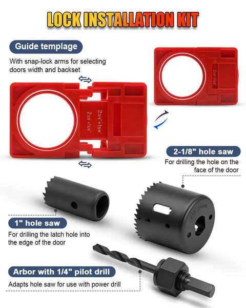 All In One Pro Door Hinge Jig And Lock Installation Kit With Aluminum Router Template, red guide template, hole saws displayed.