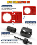 DIY Friendly Door Hinge Jig With Lock And Latch Installation Kit showing guide template, hole saws, and arbor components.