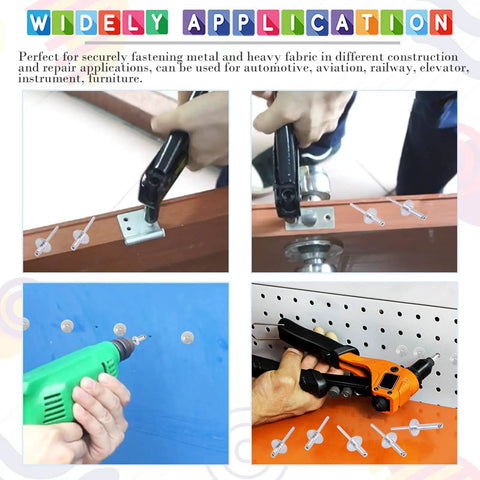 Five Sizes 240 Pieces Large Flange Aluminum Blind Rivets Set Diameter Three Sixteenths Inch With Lengths Three Eighths Inch One Half Inch Five Eighths Inch Three Quarters Inch And One Inch Heavy Duty For Auto Metal And Woodworking Projects being used in construction and repair applications