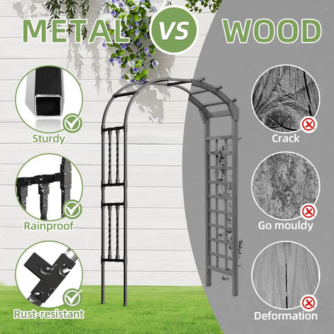 Comparison of Go-To 6.9x7.9 Ft Square Tube Garden Arbor Trellis With Twisted Metal Design and wooden alternatives.