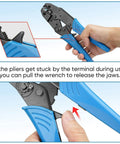Heat Shrink Connector Crimping Tool With Ratcheting Crimper Pliers in use, close-up on blue handles and jaws.