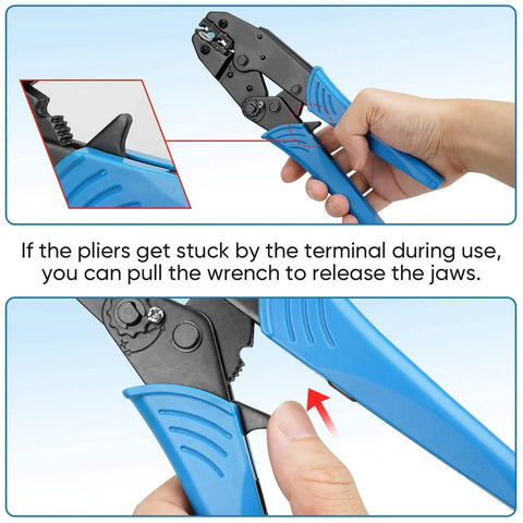 Heat Shrink Connector Crimping Tool With Ratcheting Crimper Pliers in use, close-up on blue handles and jaws.