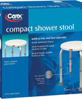 Packaging of Compact Shower Stool With Adjustable Height, Sturdy Aluminum Bath Seat for Narrow Tubs, displaying stool features.
