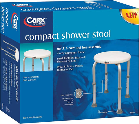 Packaging of Compact Shower Stool With Adjustable Height, Sturdy Aluminum Bath Seat for Narrow Tubs, displaying stool features.