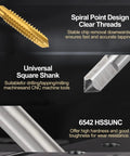 Close-up of 6-Piece Titanium Coated HSS 6542 Spiral Point Thread Tap Set For 1/4-20 UNC Threads with TiN coating, sharp point, and universal square shank for metal, wood, plastic