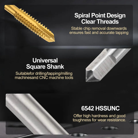 Close-up of 6-Piece Titanium Coated HSS 6542 Spiral Point Thread Tap Set For 1/4-20 UNC Threads with TiN coating, sharp point, and universal square shank for metal, wood, plastic