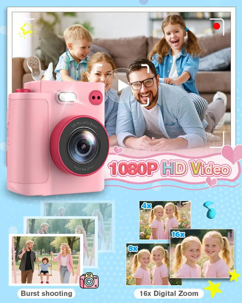 Kids Camera Instant Print 1080P HD Digital Cam For Ages 3 To 12 Boys And Girls, pink front view with 16x zoom
