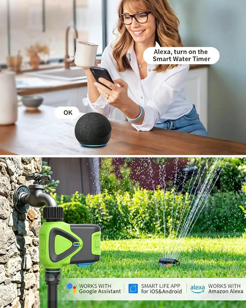 Woman using Smart Hose Timer No Hub Required With App Remote Control For Garden And Lawn Alexa And Google Voice Control Rain Delay