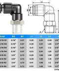 Push To Connect Male Elbow Pneumatic Fittings 3/8 Inch Tube OD To 1/4 Inch NPT Thread, 90 Degree Copper and Plastic Connector Diagram and Specs.