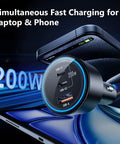 Game Changing 200W Car Charger With Triple Port USB C Adapter And PD 3.0 Fast Charging Includes Two 100W Type C Cables close-up on charging ports