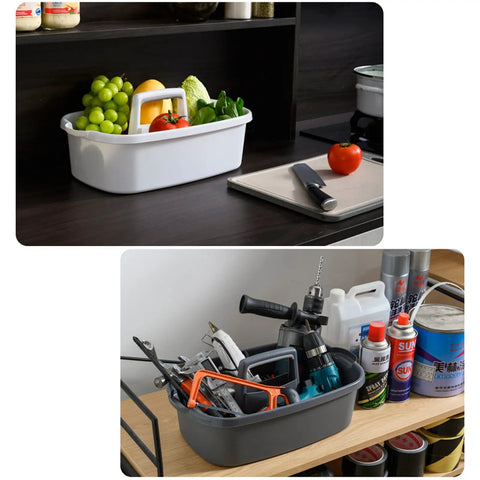 Must Have Cleaning Caddy Organizer With Handy Handle, Portable Shower Basket for Bathroom Kitchen Dorm, filled with vegetables and tools