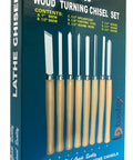 Box of 8 Piece Wood Turning Chisel Set For Lathes Including Skew Spear Point Parting Tool Round Nose And Three Gouge Tools
