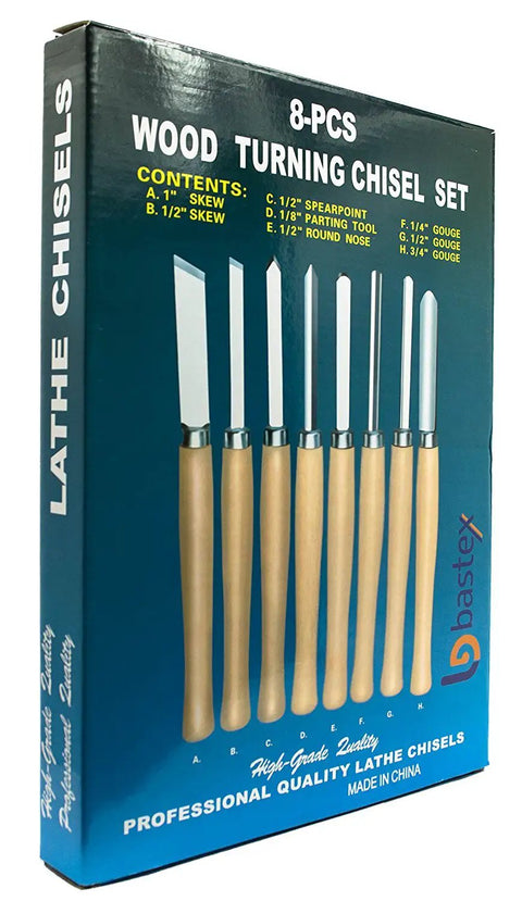 Box of 8 Piece Wood Turning Chisel Set For Lathes Including Skew Spear Point Parting Tool Round Nose And Three Gouge Tools