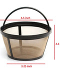 Reusable 8-12 Cup Basket Coffee Filter For Mr Coffee Makers Not For Keurig BPA Free Solid Bottom Replaces Paper Filters Easy Cleanup Durable Design Fits Most Models, shown with dimensions highlighted.