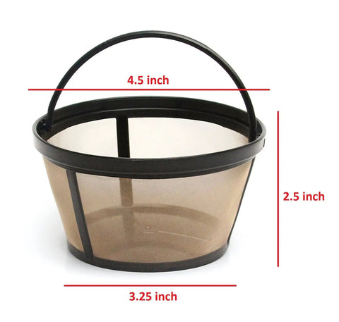Reusable 8-12 Cup Basket Coffee Filter For Mr Coffee Makers Not For Keurig BPA Free Solid Bottom Replaces Paper Filters Easy Cleanup Durable Design Fits Most Models, shown with dimensions highlighted.
