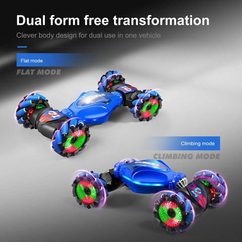 Mucdcnhk 360° rotating 4WD RC stunt car, blue body with LED wheels and gesture sensing toy