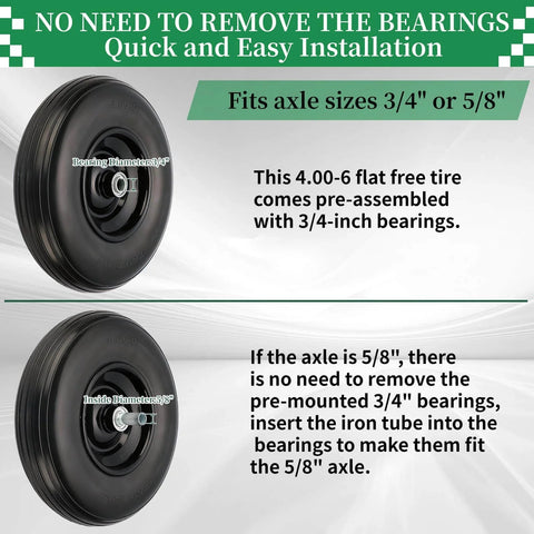 Flat Free 13 Inch Wheelbarrow Tire and Wheel Replacement, 4.00-6 Size, solid wheel with 3/4 inch bearings, fits 5/8 inch axle