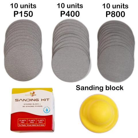 All In One Sandpaper Kit With P150 P400 P800 and rubber block, includes sanding sheets and yellow sanding block.