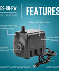 Magnetic Drive Fountain Pump 77 GPH 115 Volt With Built-In Adjustable Flow Valve And 6-Foot Cord Black, labeled features.